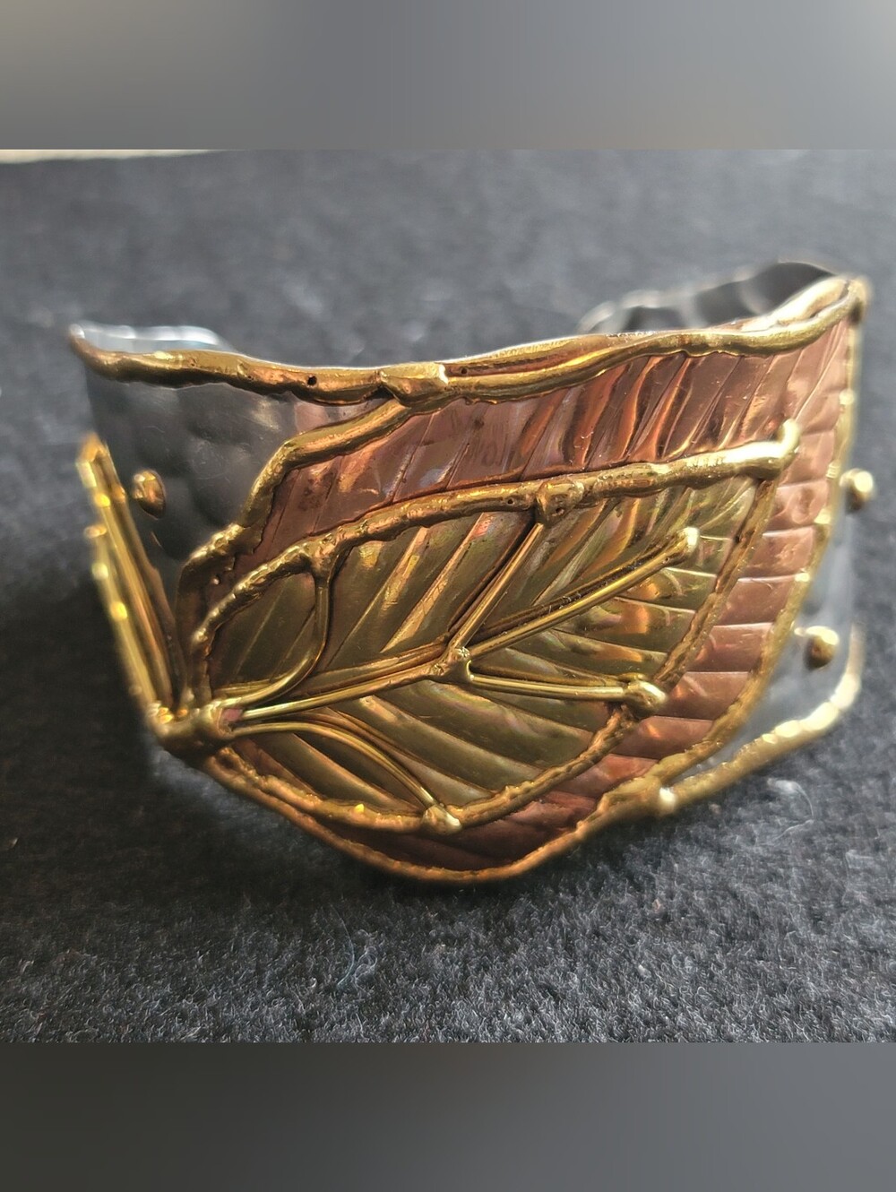 Artisan Leaf Motif Mixed Metal Cuff Bracelet - Gold Silver & Copper Tones - Adj